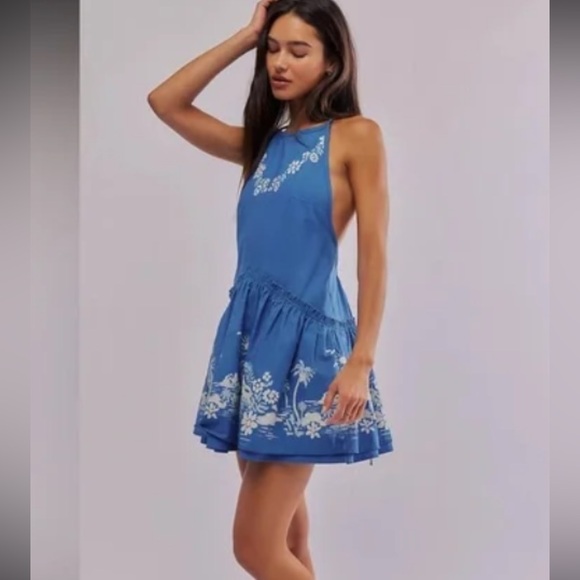 Free People Deserted Island Mini Dress Indigo Combo 100% Cotton Medium - Picture 1 of 11